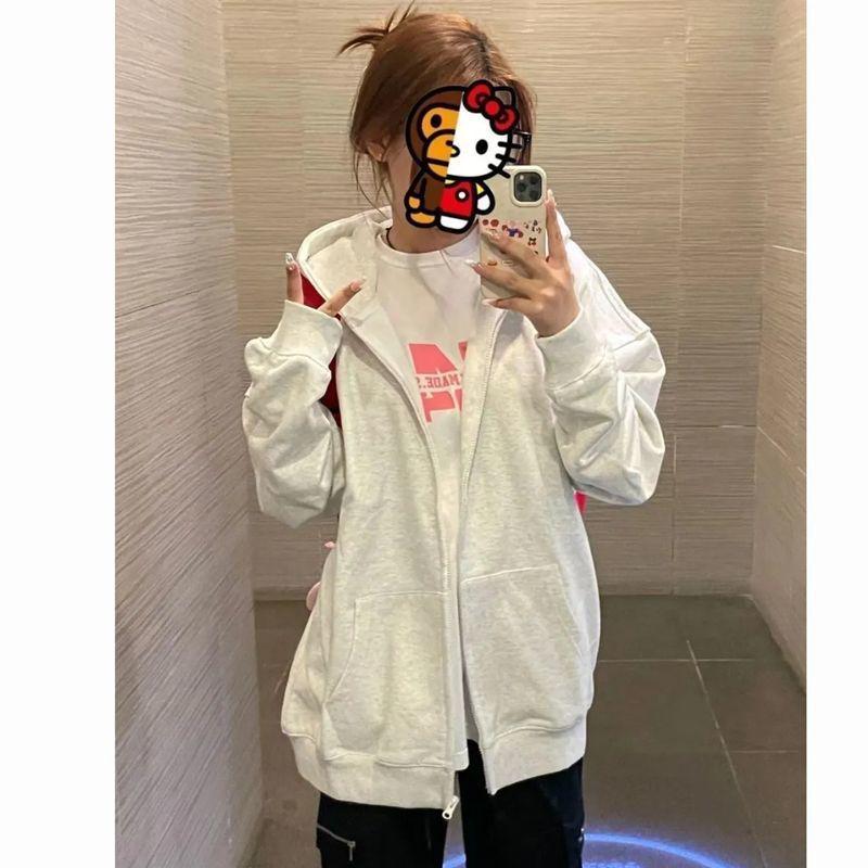 Unisex Heavyweight White-Gray Hooded Cardigan Sweatshirt - Autumn/Winter Velvet Zipper Jacket 3XL