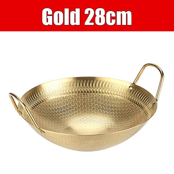 Roestvrijstalen Anti-aanbak Wok Grillpannen met Dubbele Handgrepen Ronde Braadschaal Gouden Platen Schaal voor Thuis Kamperen