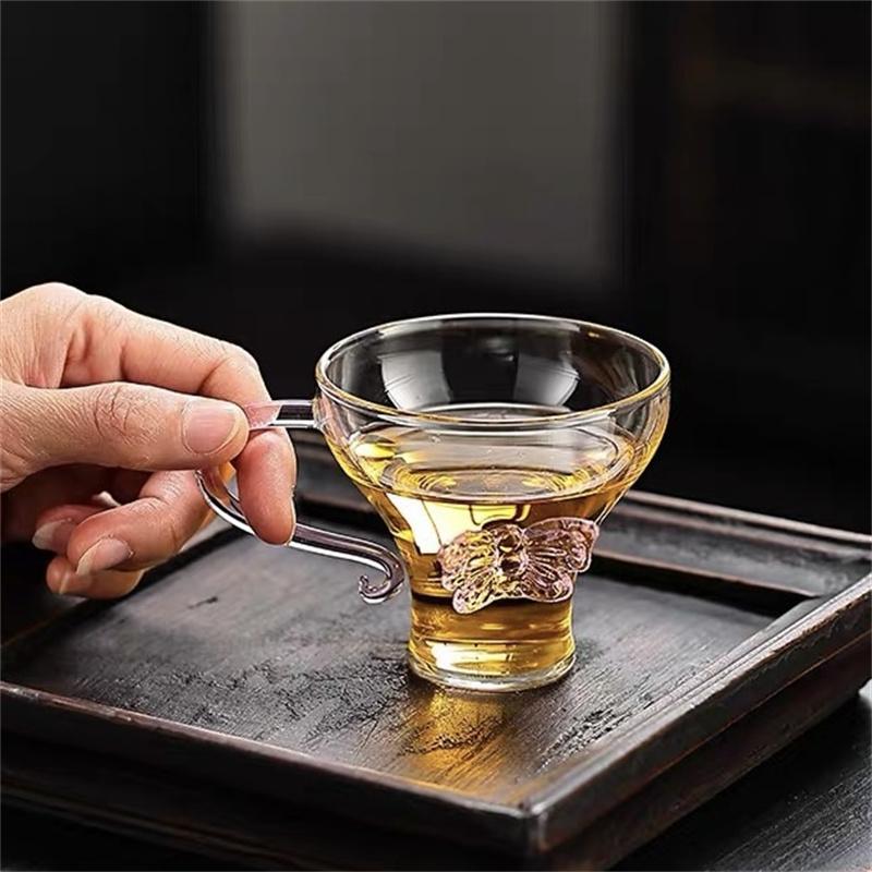 100ml Small Capacity Elegant Pink Butterfly Glass Mug Curved Handle Clear Coffee Tea Cup High Borosilicate Glass Cup Drinkware