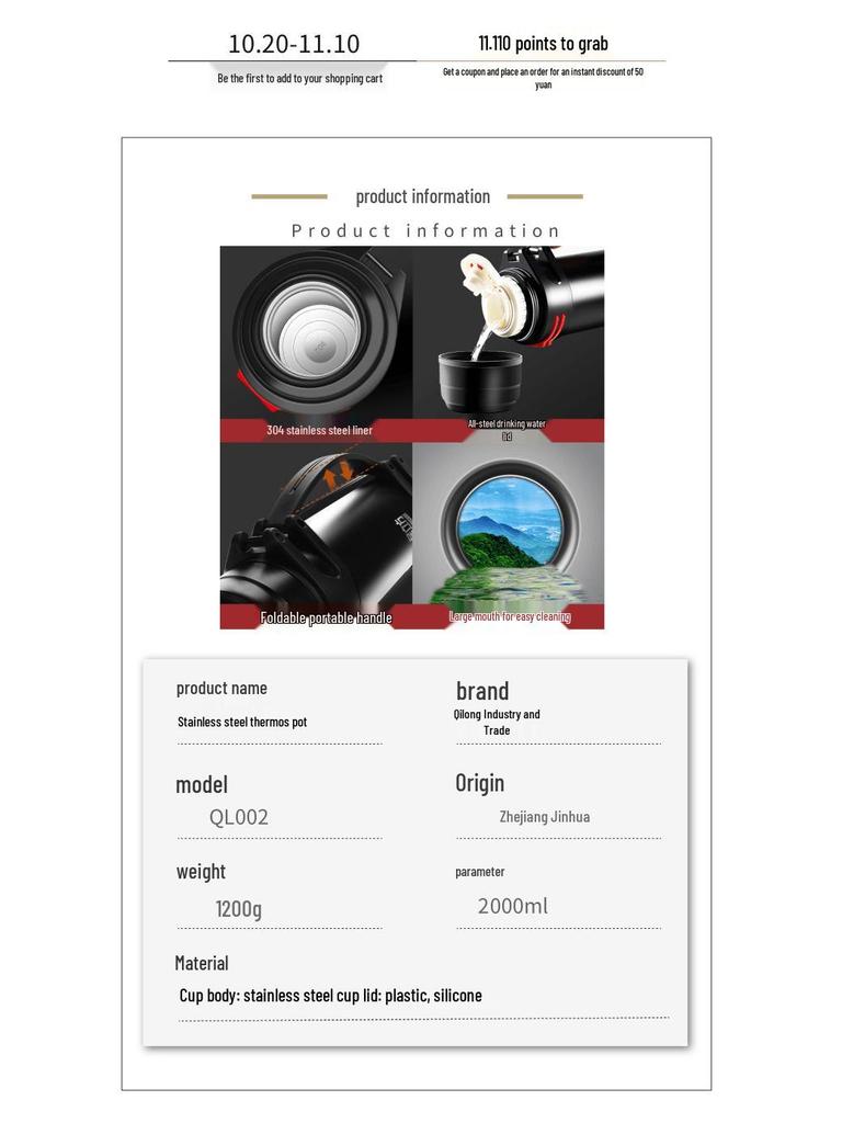 2000ml Nerezová Izolovaná Konvice pro Domácnost, Auto nebo Venkovní Použití