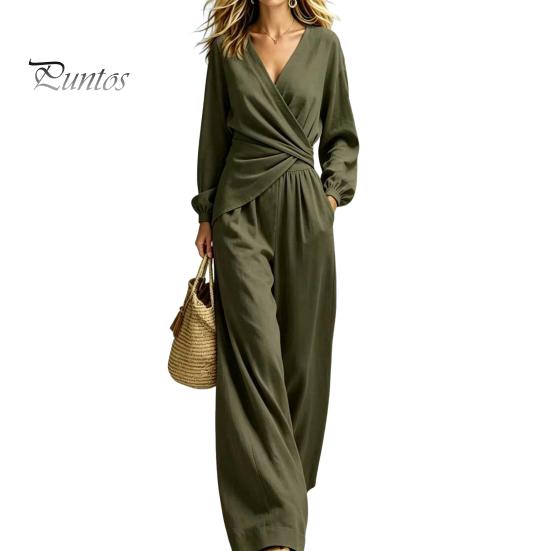 Casual Women Outfit Women's Long Sleeve 2 Piece Sets, Irregular Hem V Neck Top Comfortable And Wide Leg Pants Matching Travel Vacation Outfits