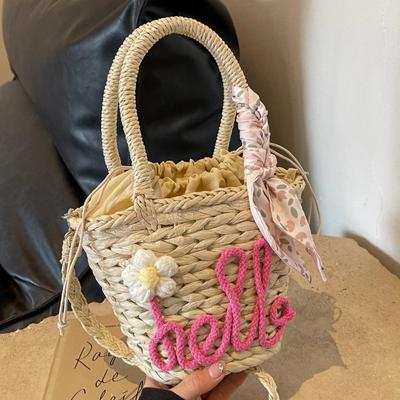 Small Fresh Woven Tote Stylish Letter Straw Bag Seaside Holiday Beach Crossbody Bag