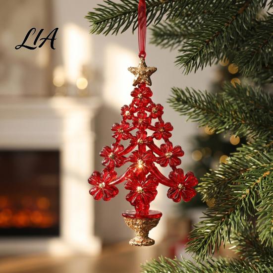 Acrylic Flower Tree Figurines Christmas Ornament with Lanyard, Xmas Shaped Gift for Friends Family Decorative Hanging Pendant Holiday Tree,