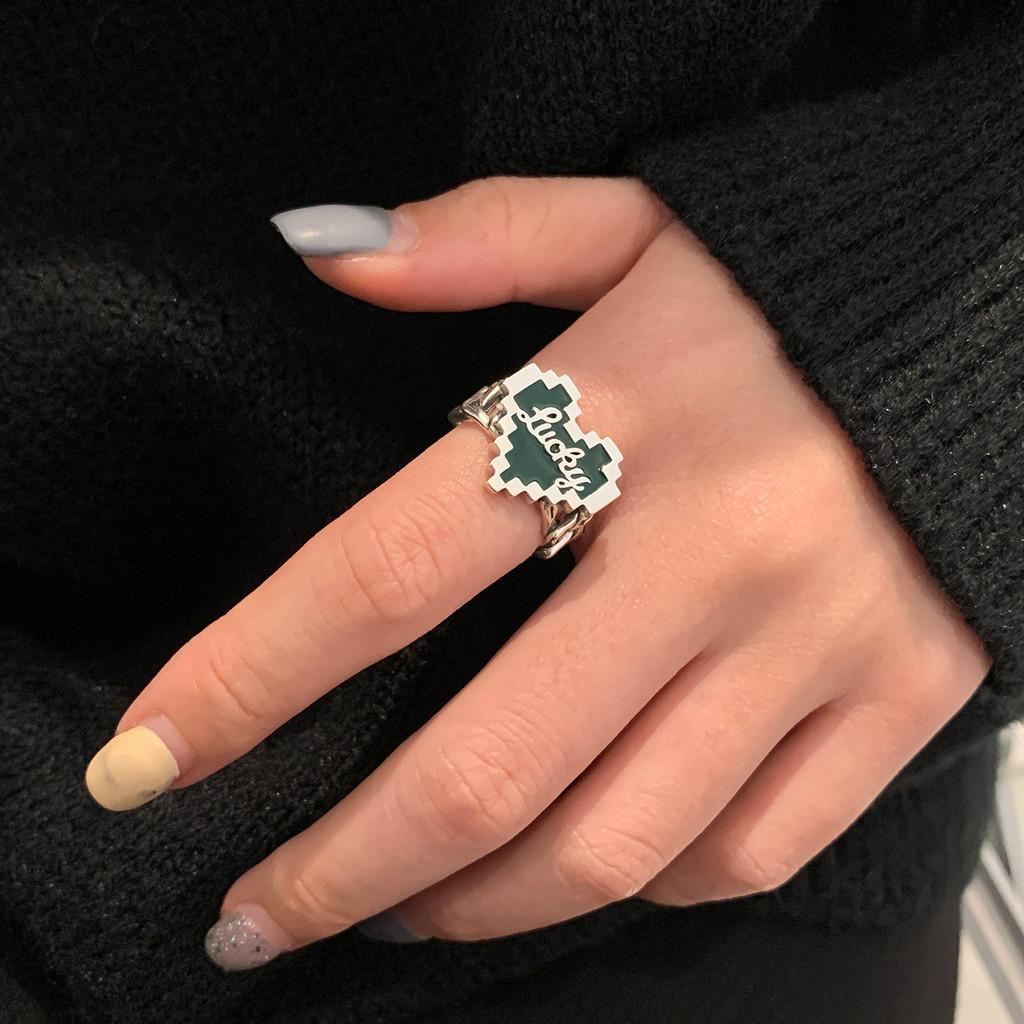 Sterling Stunning S925 Silver Deep Dark Green Mosaic Heart Open Adjustable Ring Women For