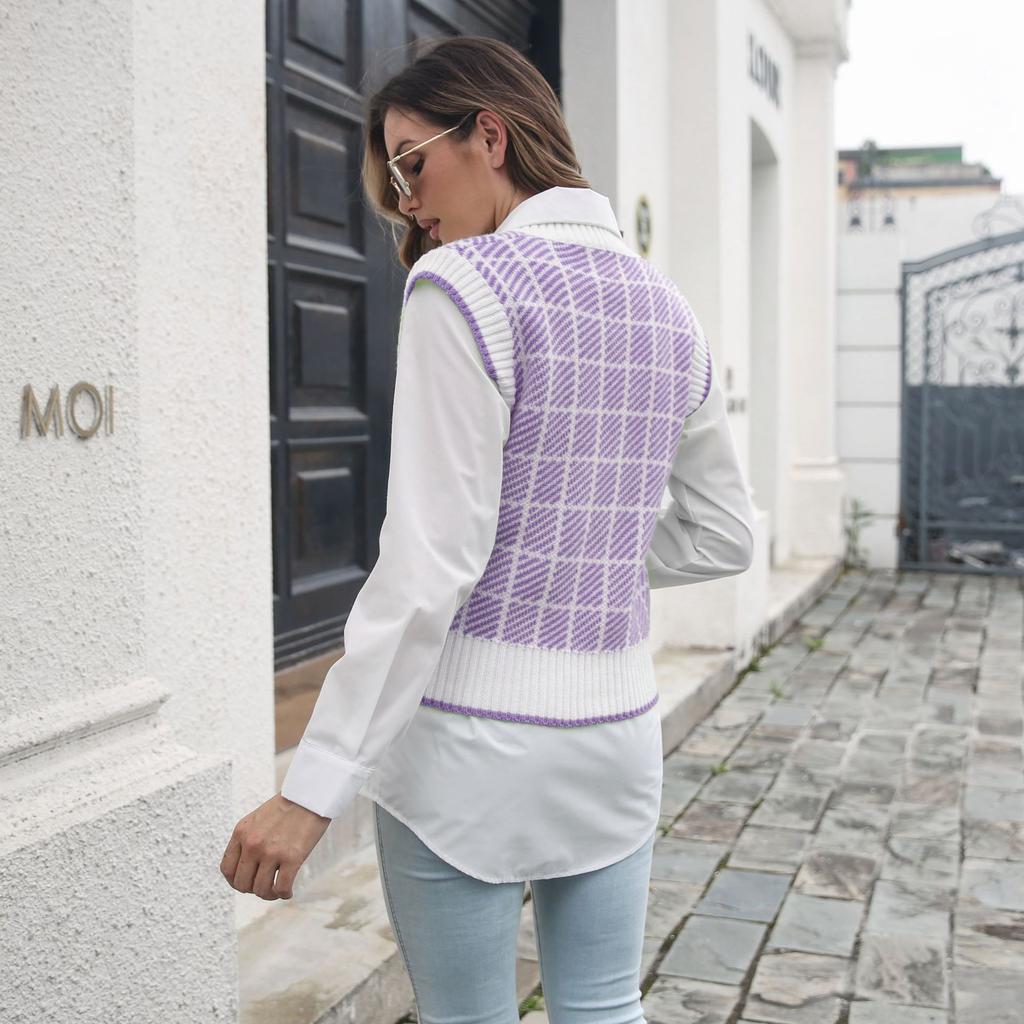 GMXIA Dámská móda Ležérní kostkovaný potisk Podzim Zima Pletené vesty bez rukávů s výstřihem do V