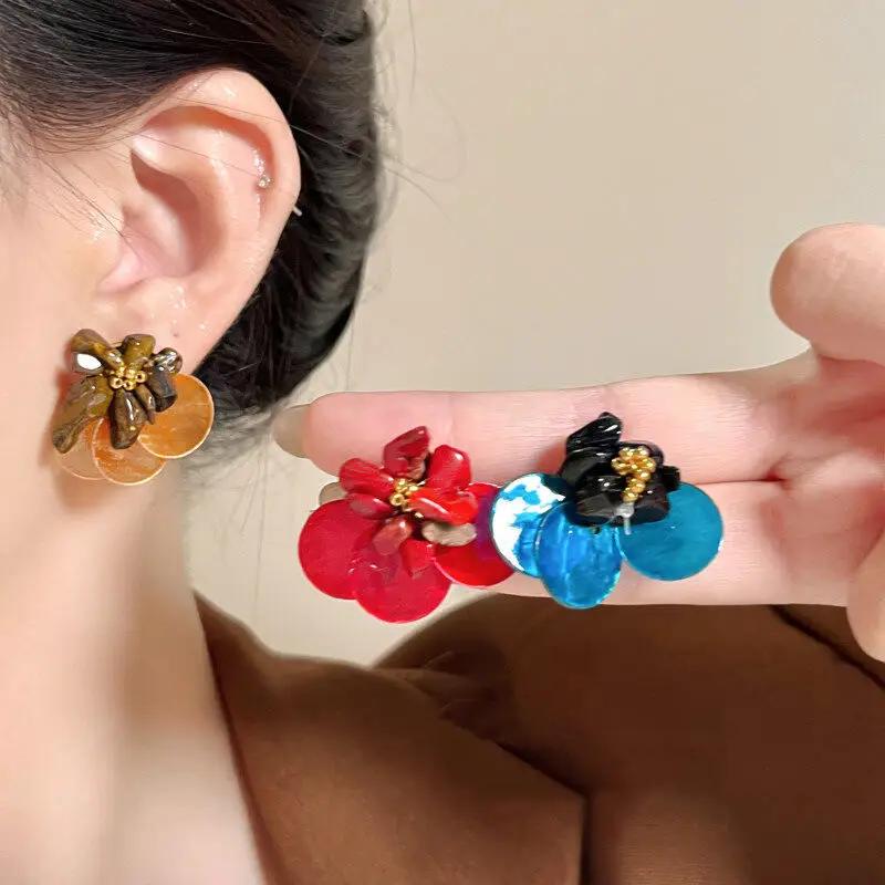 Bright Round Colorful Shell Flower Drop Earrings for Women Girls Vintage Small Stones Beaded Flower Stamens Jewelry Accessories