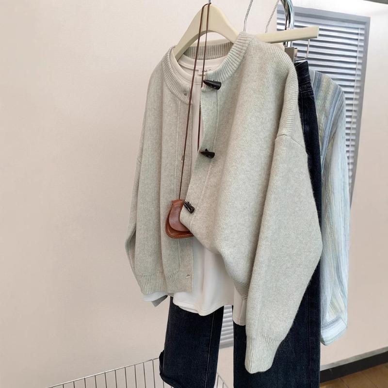 Gray horn buckle knitted cardigan women's early autumn loose soft waxy outer sweater jacket top