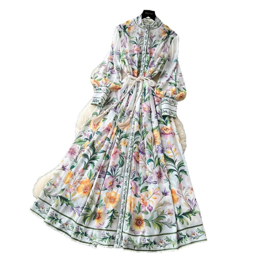 French Niche High-end Printing Stand-up Collar Long-sleeved Waist A-word Dress Women's Summer Lazy Temperament Long Dress