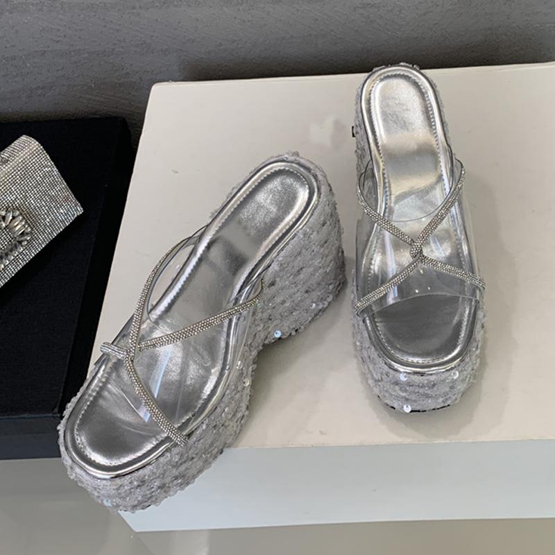 Liyke Summer Wedges Shoes For Women Platform Slippers Fashion Crystal Rhinestone High Heels Square Toe PVC Transparent Sandals
