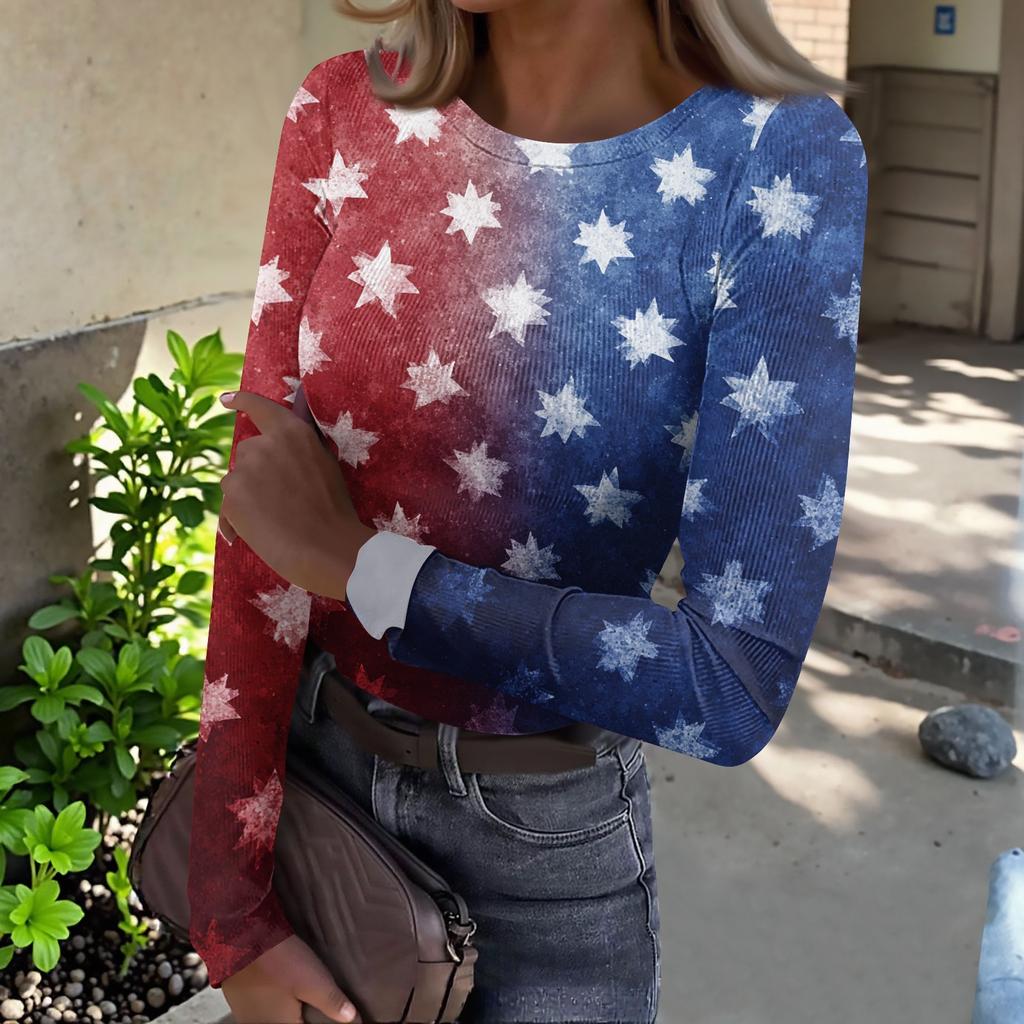 Women's Casual Fashion Round Neck Independence Day Print Long Sleeve Ribbed Top