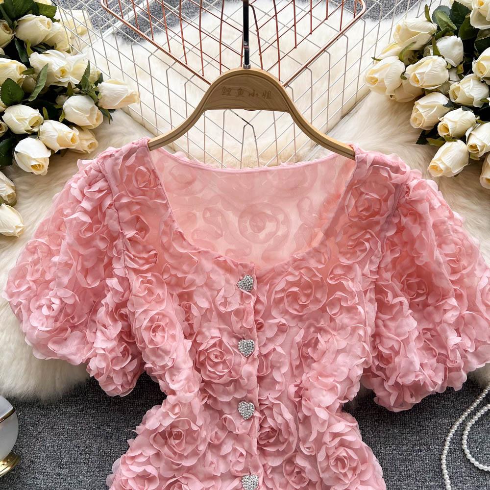 RUGOD Niche Design Sense Mesh Flower Kort Temperament-skjorte for kvinner Sommer Ny Slim Enkeltspente All-Match-topp