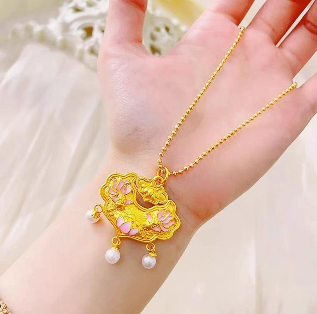 Ruyi Lotus Double Fish Gold Pendant Necklace