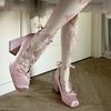 2025 Minuet Pink Mary Jane High Heels Lolita Thick Heel Satin Ribbon Ballet Sandals For Women Pumps