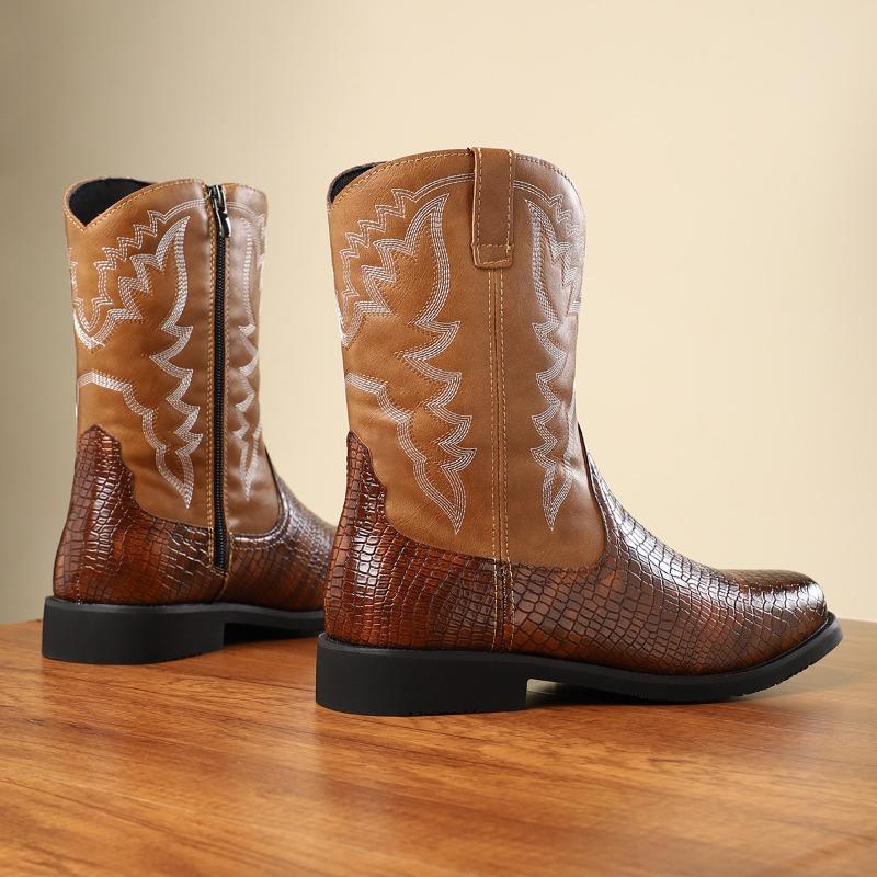 Męskie Kowbojskie Buty Western Brytyjski Styl Skórzane Buty Retro Ręcznie Robiony Haft Wysokie Buty Średniej Długości Cholewka Męskie Buty Motocyklowe Botas