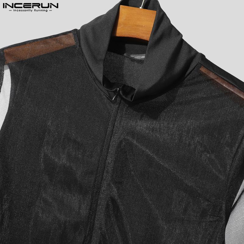 INCERUN Men Short Sleeve Mesh Sheer Patchwork Fitted Jumpsuits Pajamas Underwear