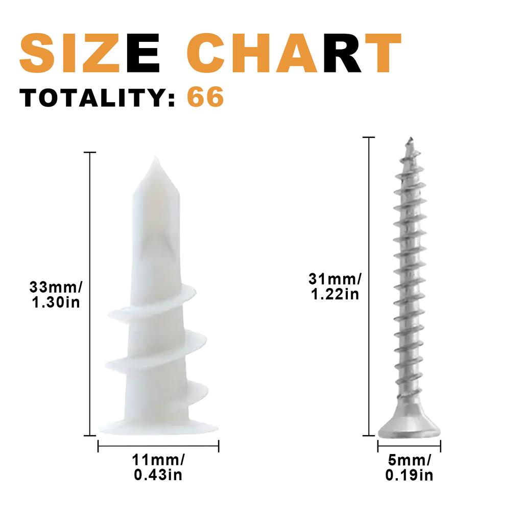 Набір самосвердлильних розпірних гвинтів із 66 шт., блокування стіни, самосвердління, гвинтова втулка, анкер для гіпсокартону