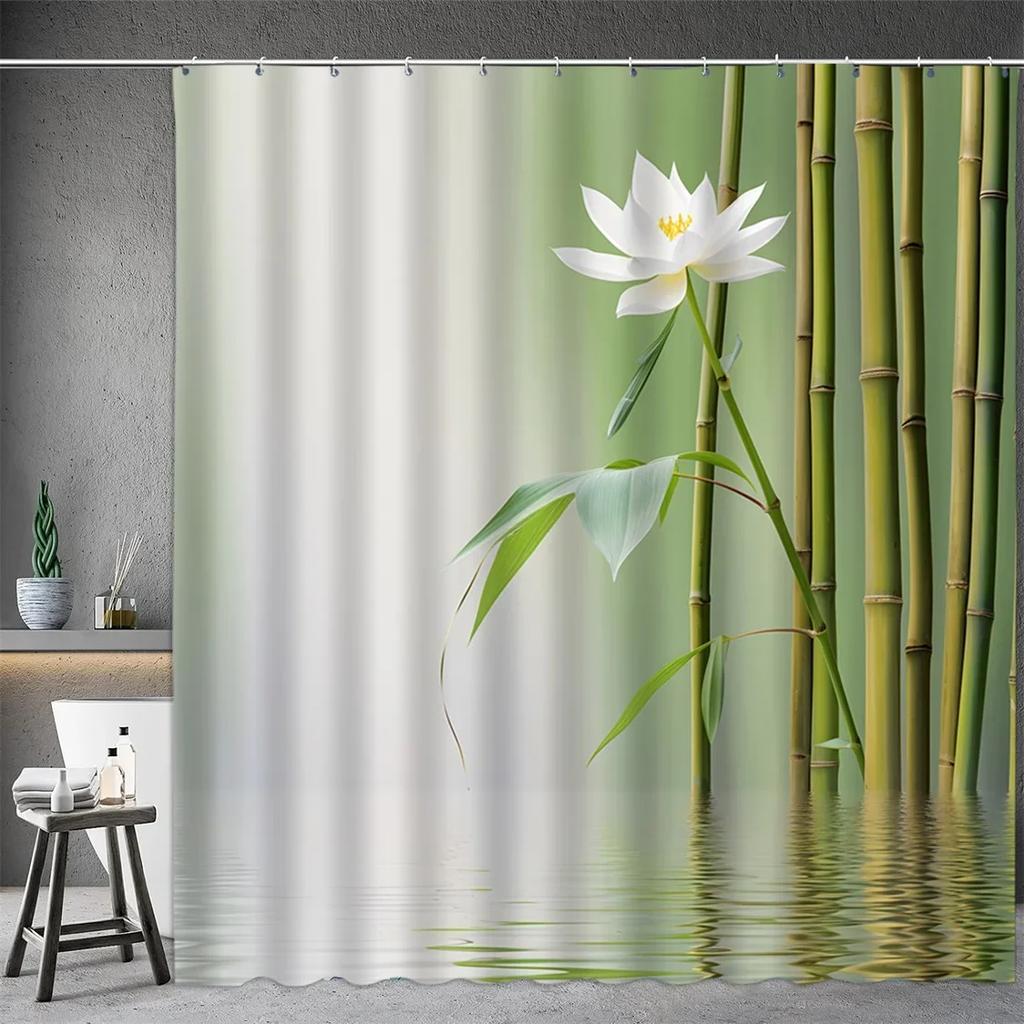Black Stone Tower Zen Shower Curtain, Spa Decor Lotus Purple Orchid Flower and Bamboo, Cloth Fabric Bathroom Decor Accessory Set