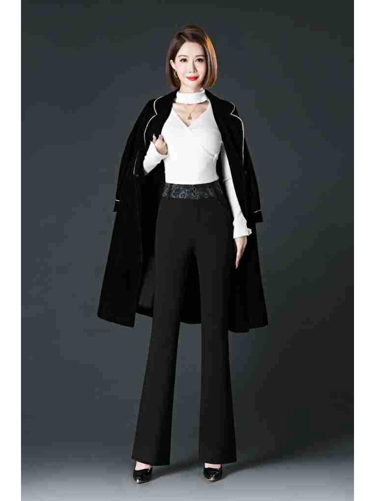 Spring/Autumn Women's High Waist Bell Bottom Knit Pants - Black, Plus Size, Slimming, Fashionable, Loose Fit