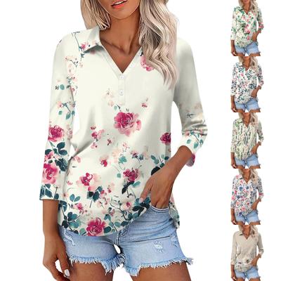 Women's Fashion Casual Lapel 3/4 Sleeve Print Shirt Women's Button Up Tops