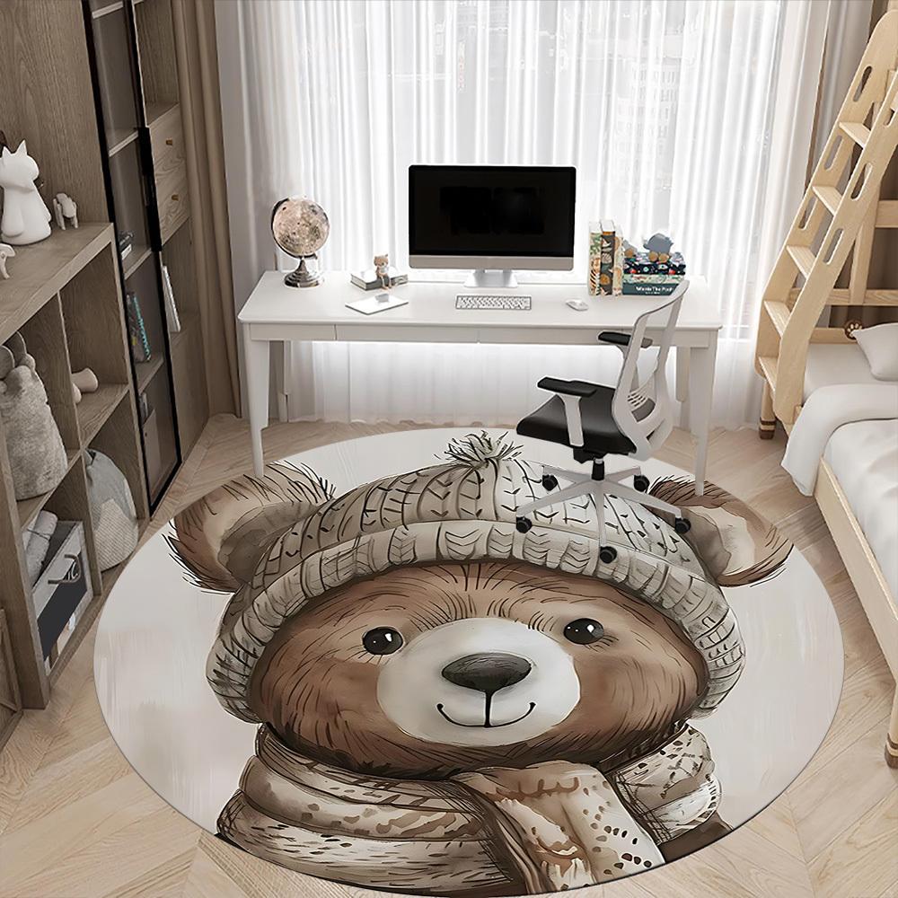 1pc Winter Bear Cute Office Round Area Rug, Indoor Mat Suitable ForOffice, Under Office Chairs Bedroom Living Room Home Decor, Room Deco, D002