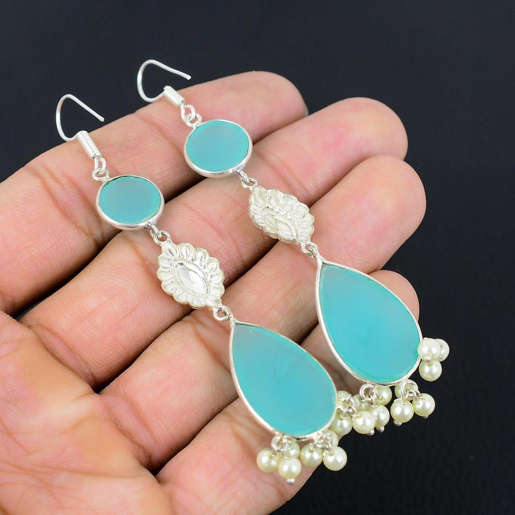 925 Sterling Silver Aqua Chalcedony Stone Wife Drop Dangle Hook Unique Earrings