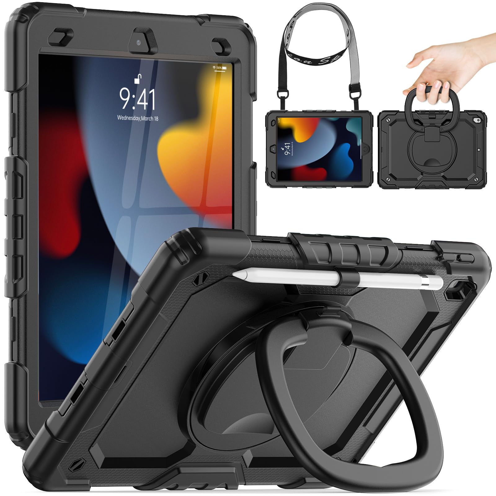

Timecity Case for iPad 9th/8th/7th Generation, Shockproof, Ring Handle, Screen Protector, 360° Rotating Stand, Shoulder Strap, Pen Holder, Durable, Ch