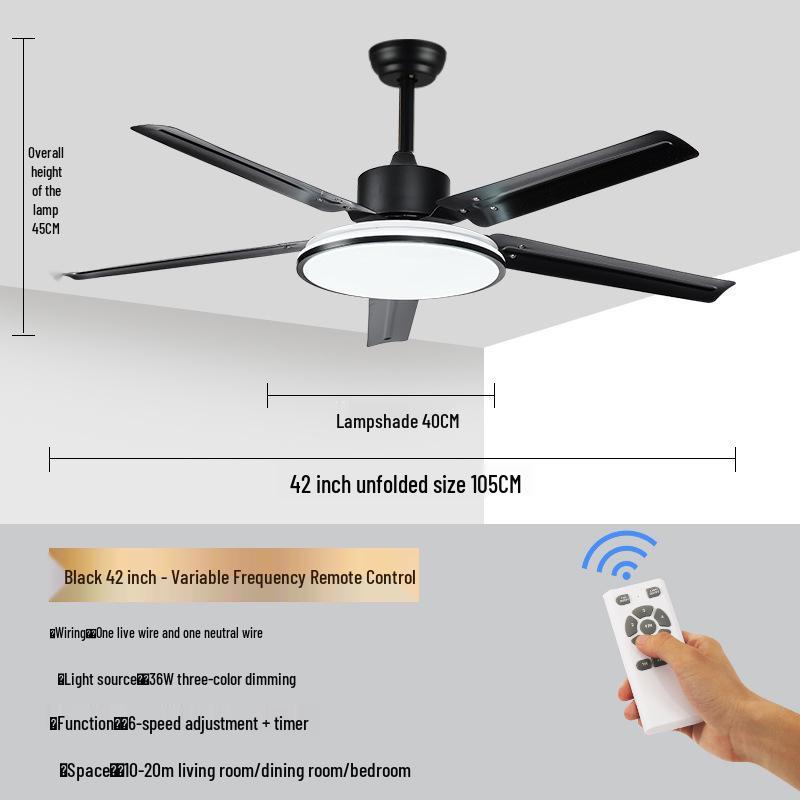 Modern Minimalist Ceiling Fan with Five Stainless Steel Blades, LED Light, Low Noise, and Frequency Conversion for Living Room or Dining Room.