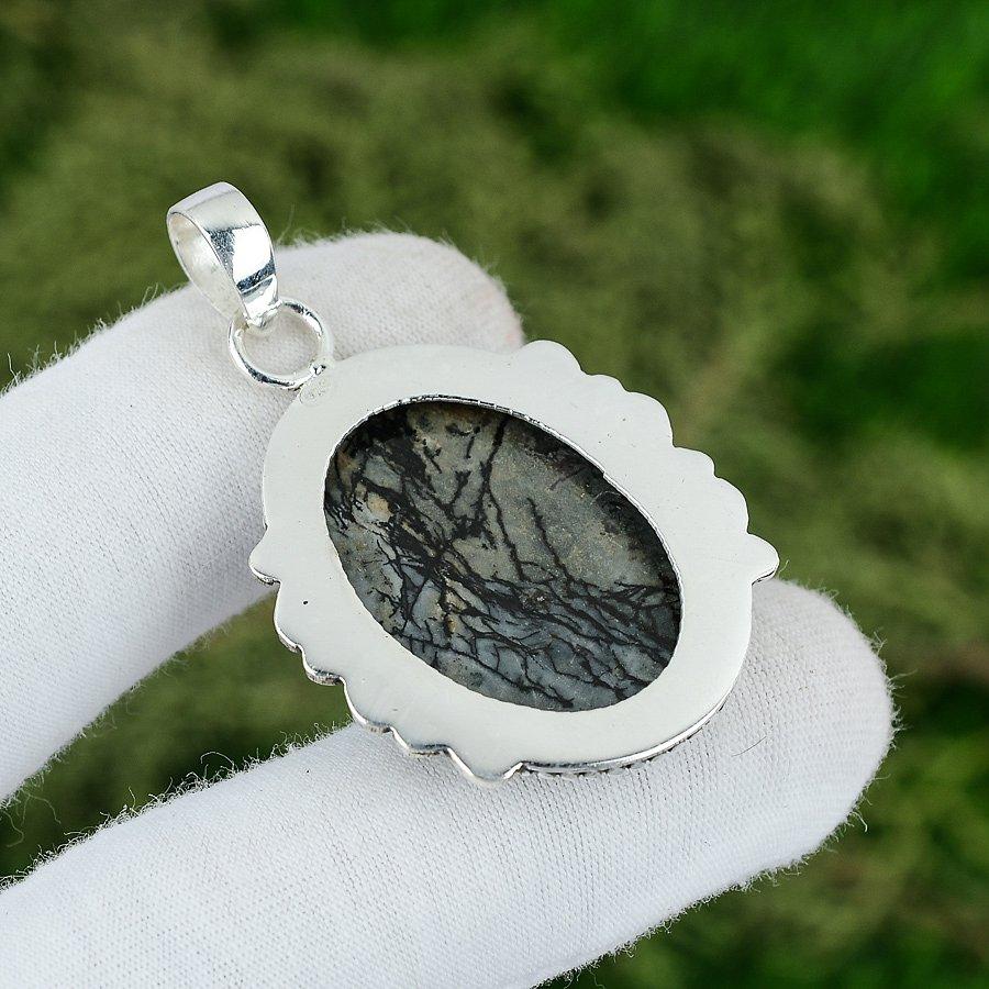 925 Sterling Silver Oval Natural Picasso Jasper Engagement Bezel Wife Pendant