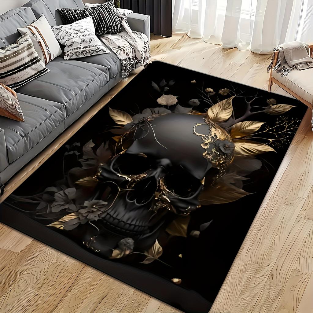 Gothic Skull Area Rug Black Gold Baroque Design Statement Floor Mat for Living Room Home Decor Luxury Alternative Art Halloween