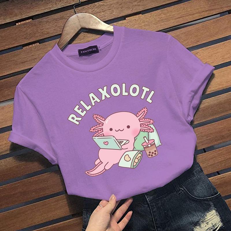 New Personalized Creative Axolotl Graphic Print T-shirt Cute RELAXOLOTL Harajuku Casual Loose Short-sleeved Shirt