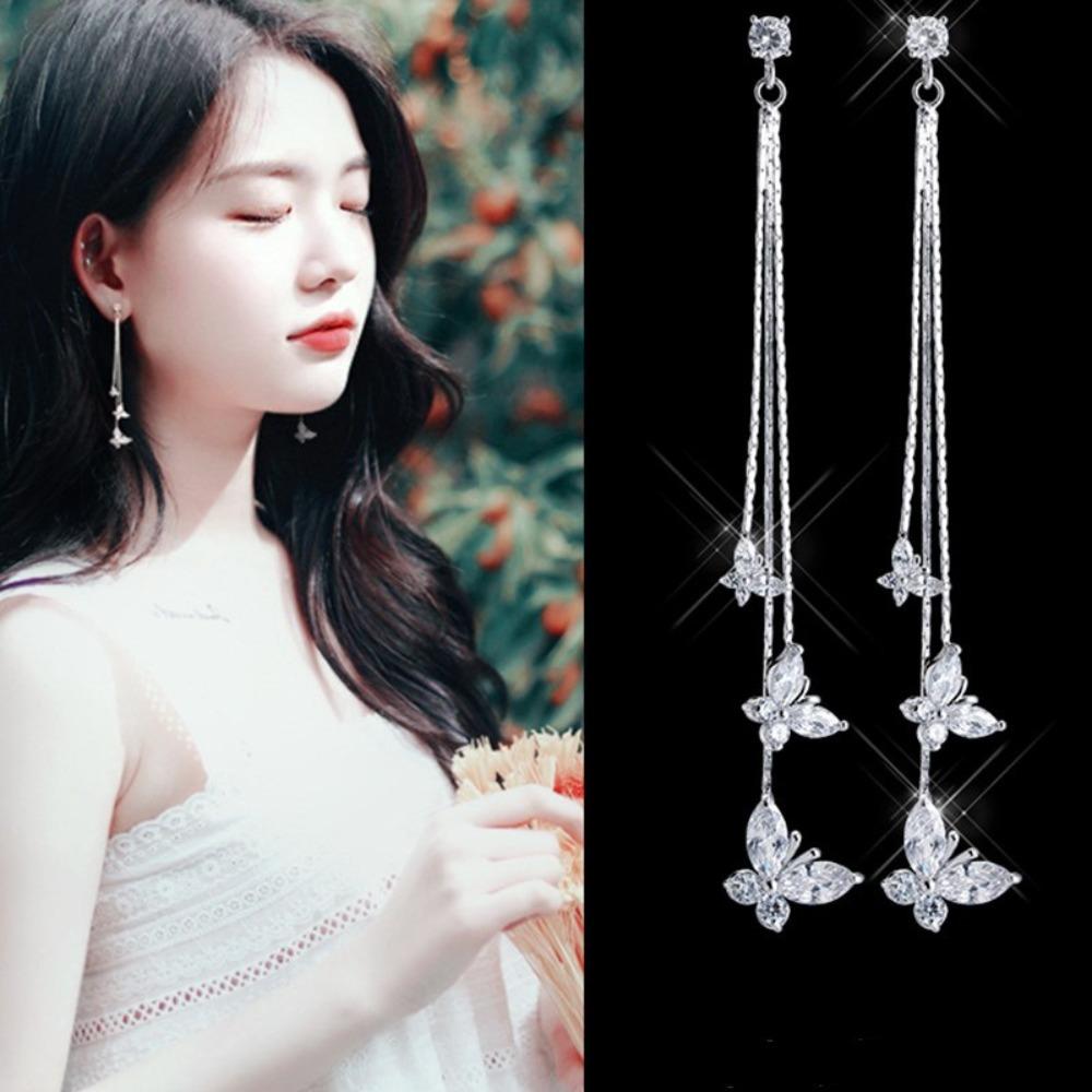Koreanisches Temperament Kristallanhänger Schmetterling Quasten Lange Hängeohrringe für Damen Luxus Süße Schmuck Accessoires Geschenke