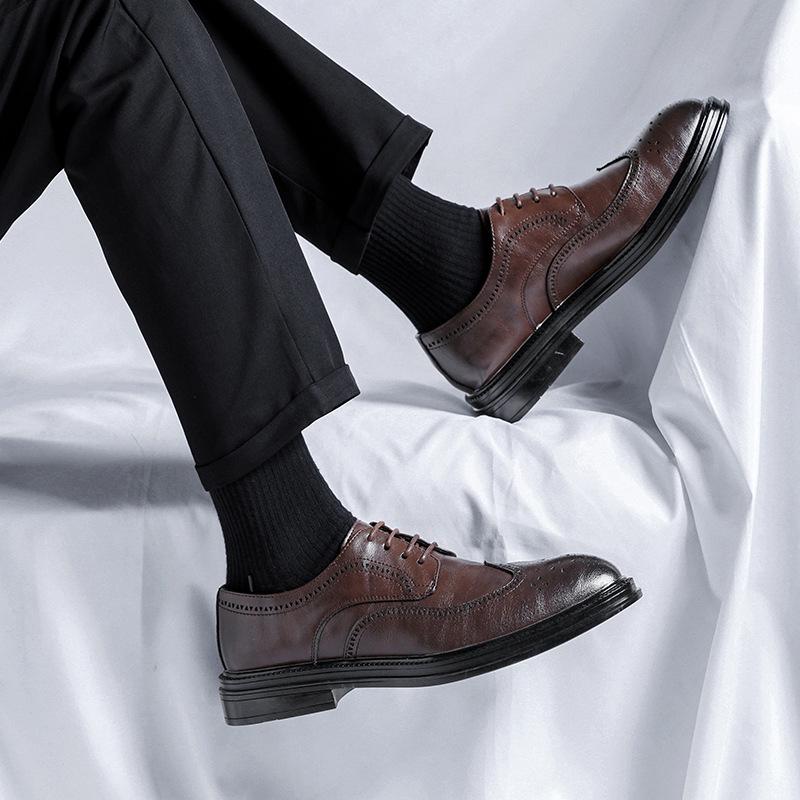 2023 Men's Black Leather Formal Shoes - Thick Sole Casual British Style for Business or Wedding