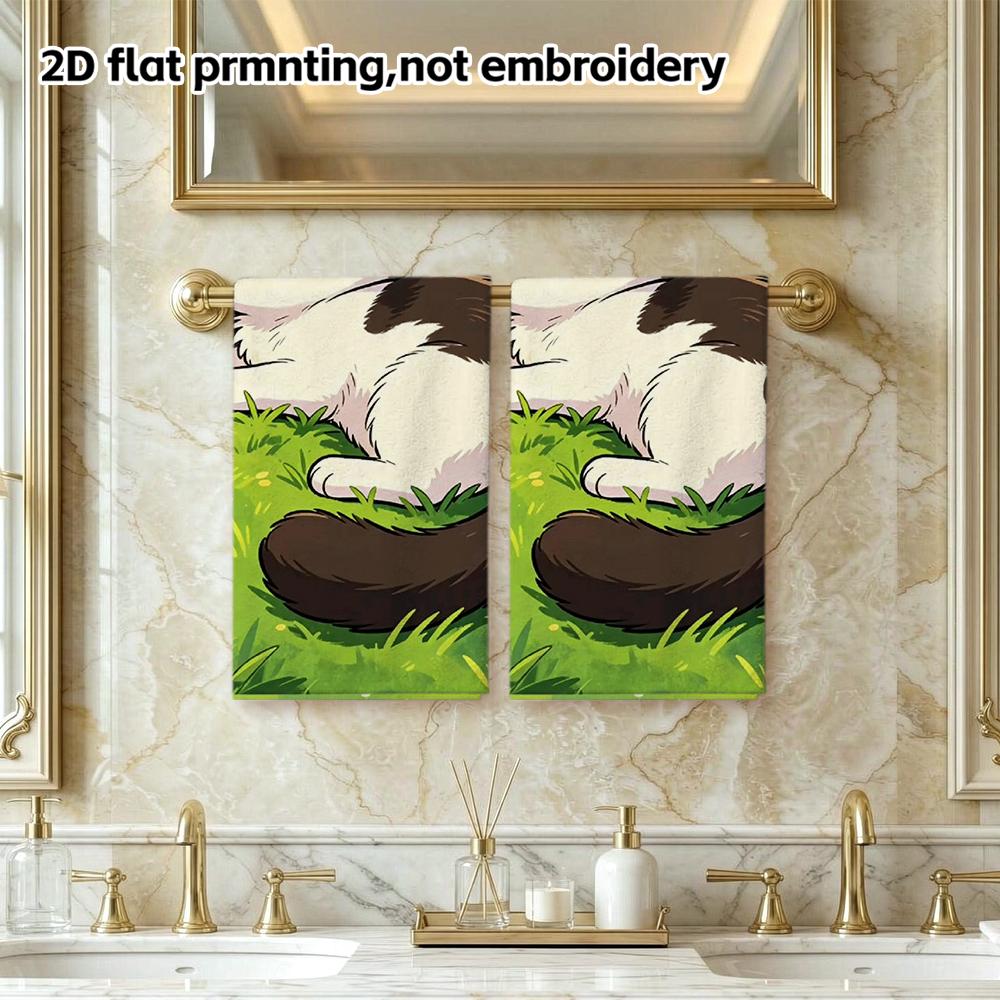 Cute Tricolor Cat Bath Towel, Soft Absorbent Quick Dry Towel, Cartoon Cat on Green Grass Pattern Shower Towel
