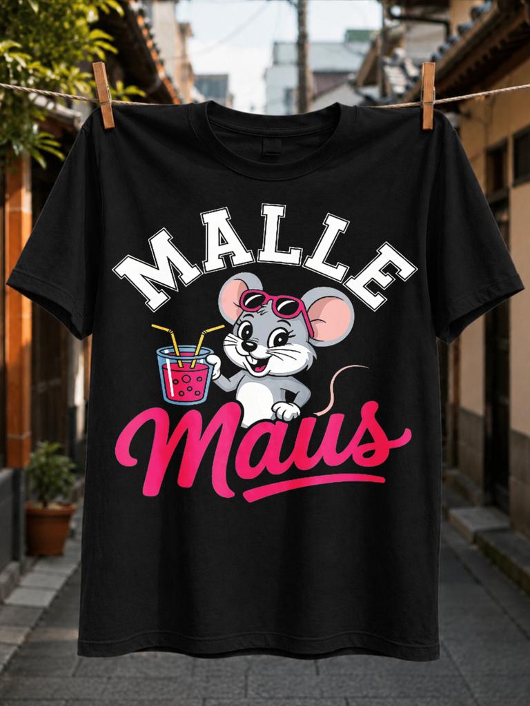 Malle Maus Cartoon Mouse Graphic Gray Mouse In Pink Holding A Bright Tropical Drink Playful Unisex All TShirt