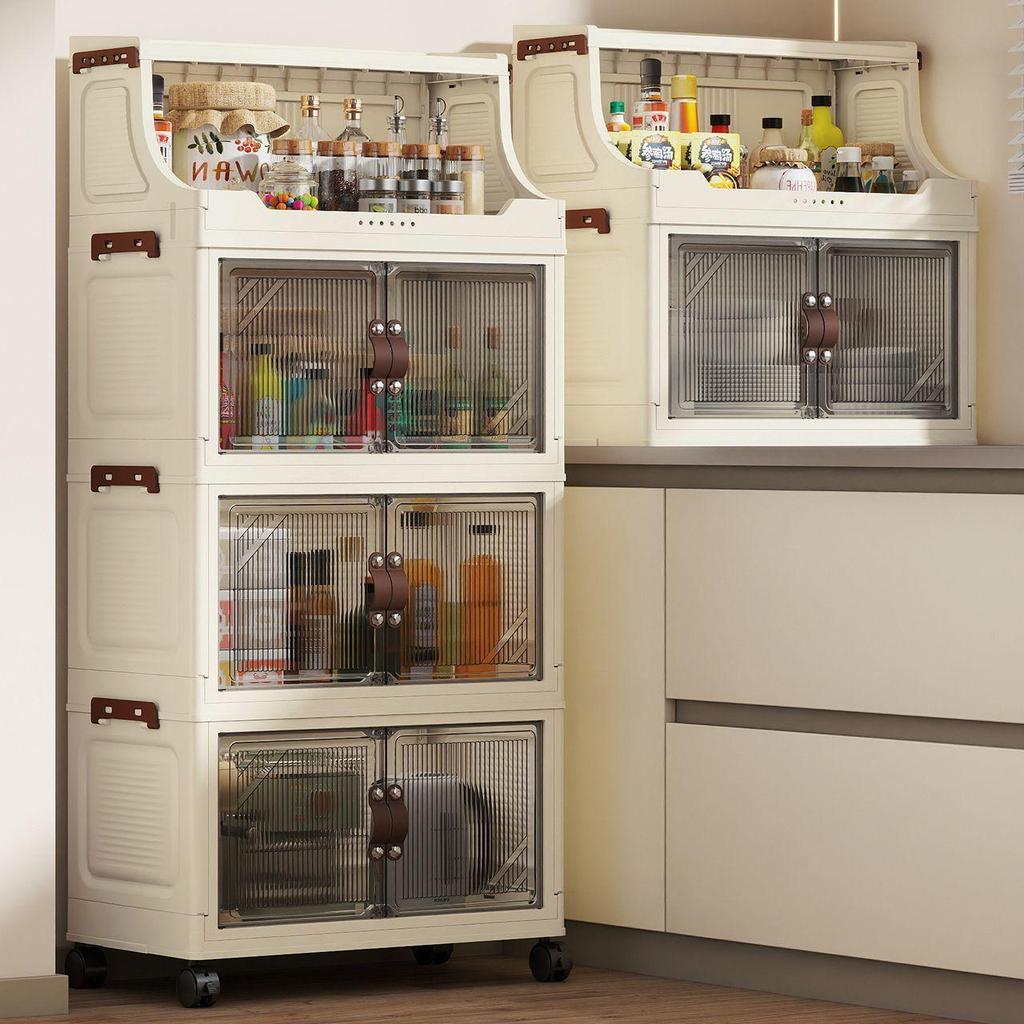 Multi-Layer Folding Bookcase with Wheels - Double Door, Moisture-Proof, Large Capacity, No Assembly Required.