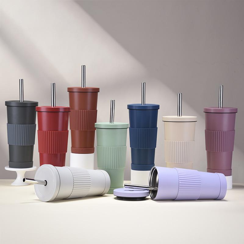 710Ml Bubble Tea Cup Non-Slip Double-Layer Stainless Steel Straw Cup Multi-Color Straw Thermal Insulation Water Cup