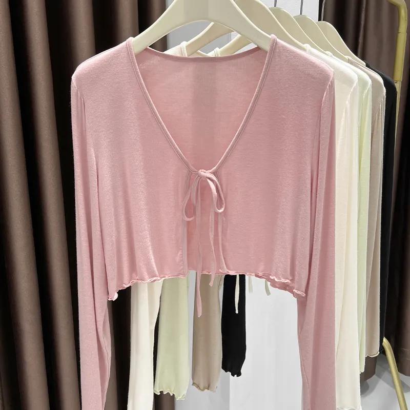 Spring Summer Sheer Tie Front Knit Top Lightweight Long Sleeve Cropped Cover Up