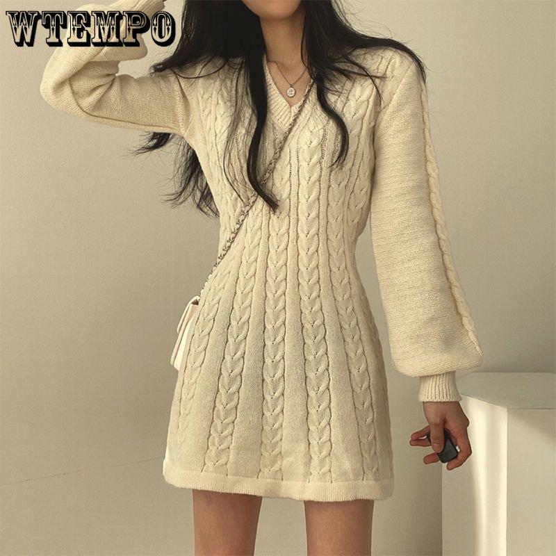 Spring and Autumn Women's V-neck Sweater Dress Knitted Waist Fashionable Lantern Long Sleeve A-line Dress
