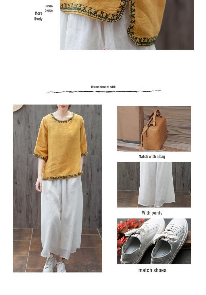 Retro Cotton Linen Embroidered Round Neck T-shirt with Five-Point Sleeves - Summer Plus Size Loose Fit for Women