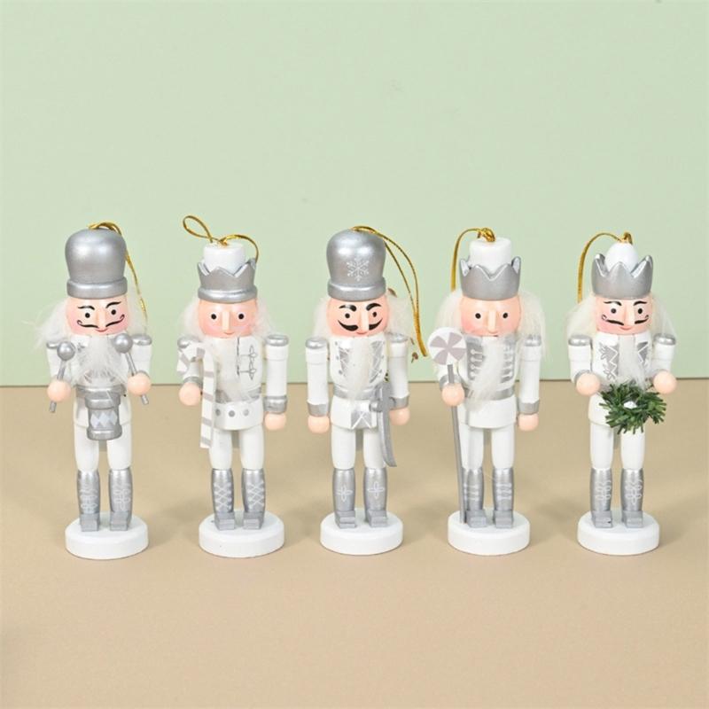 Pack of 5 Miniature Silver Nutcrackers Figurine Charm Accessories Wood Hanging Pendant Holiday Decoration Supplies
