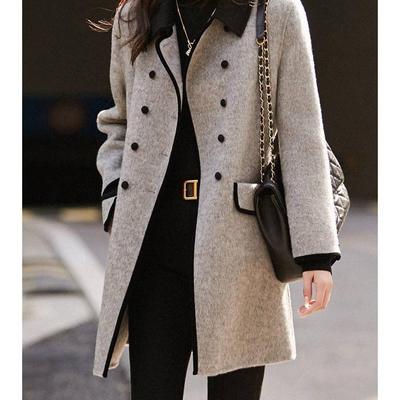 Autumn and Winter Contrasting Lapel Double-breasted Mid-length Woolen Coat for Women