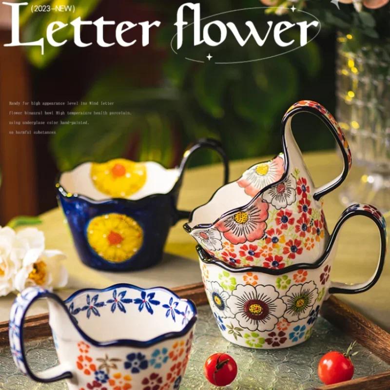 Hand Drawn Ceramic Mugs Creative Handle Coffee Cup Tea Set Large Capacity Heat-resistant Household Breakfast Cup Mark Coffee Mug