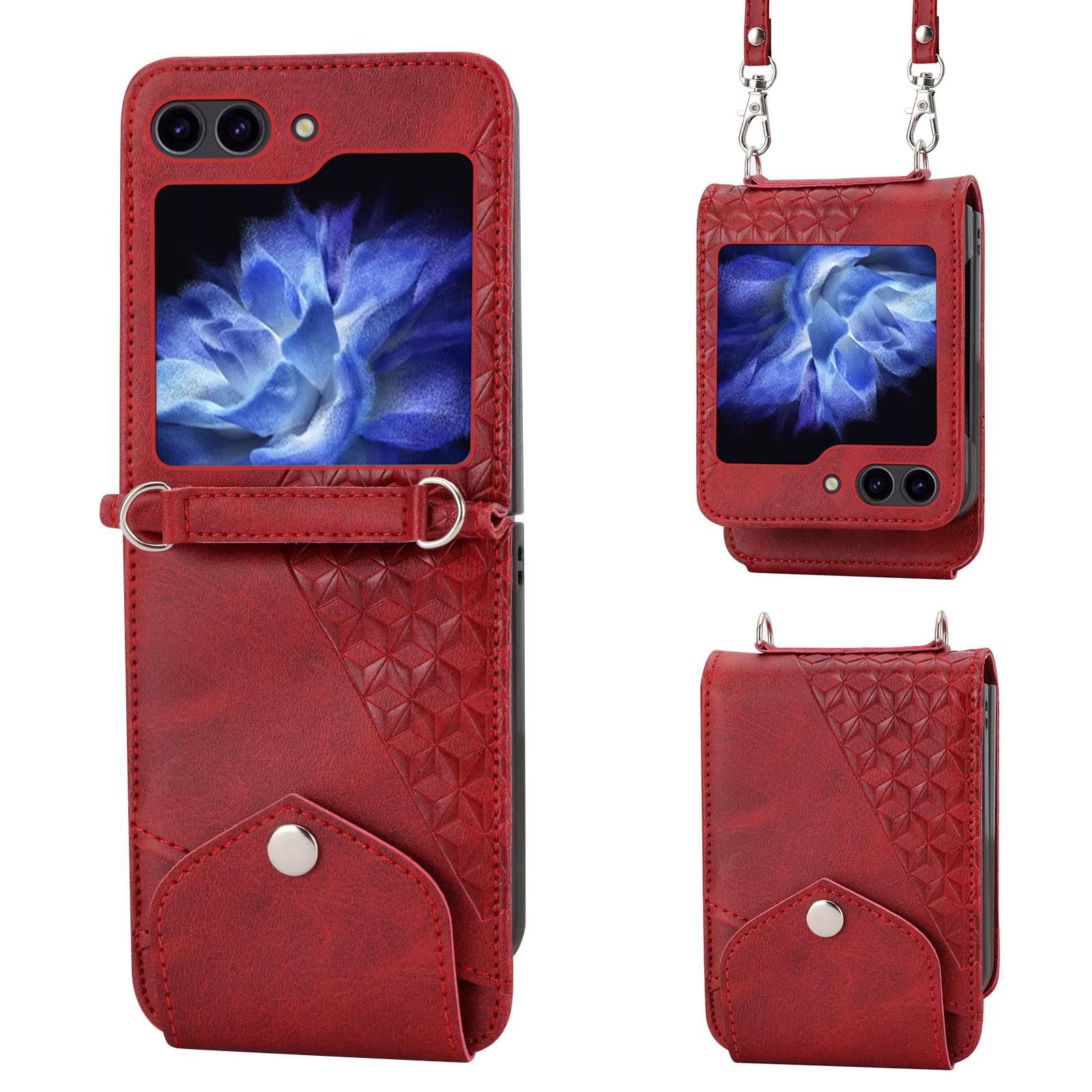 

For Samsung Galaxy Z Flip6 5G Case Calf Texture PU Leather Phone Cover with Shoulder Strap Red