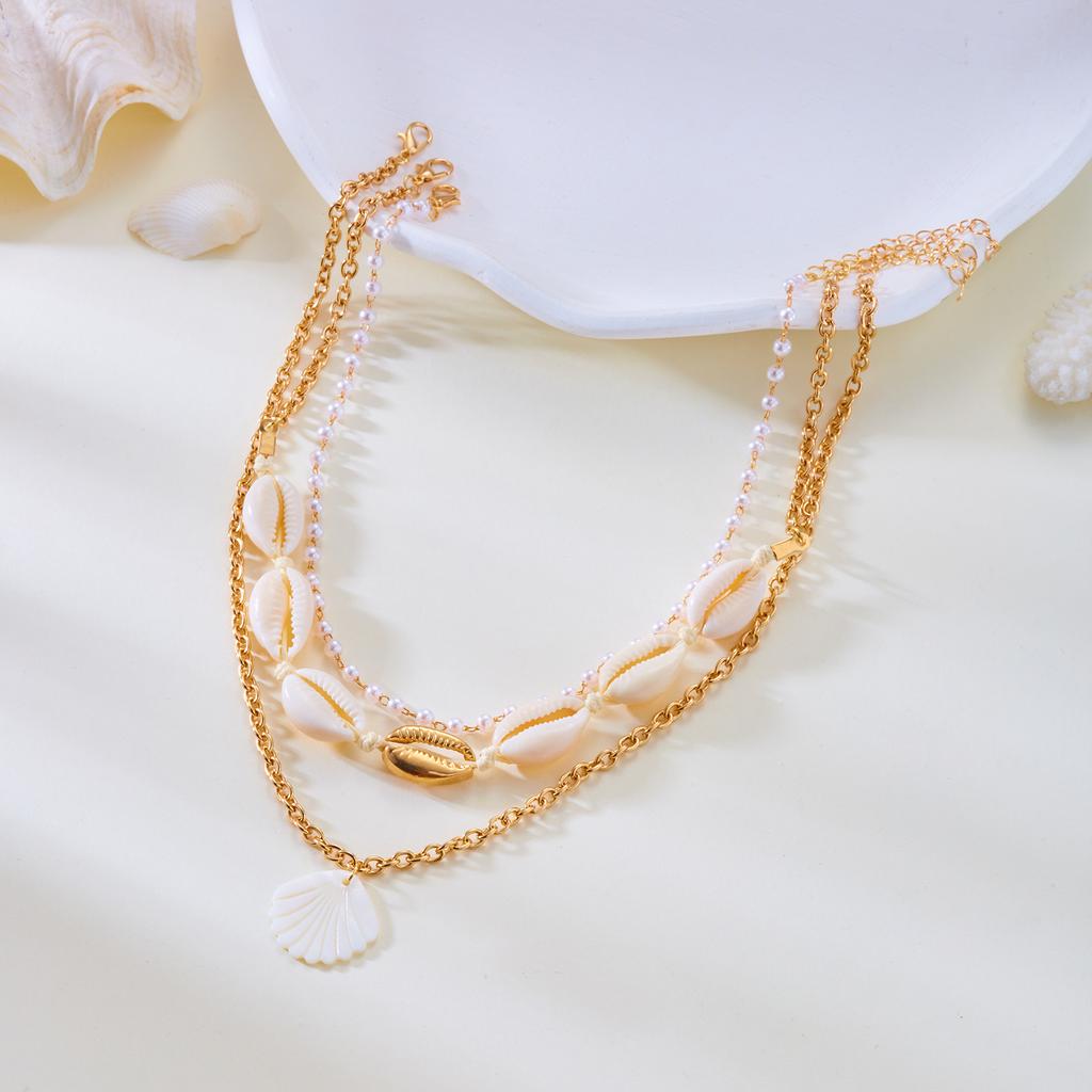 Bohemian Multi-layer Starfish Shell Pendant Necklace for Women Beach Imitation Pearl Metal Beads Choker Neck Chain Party Jewelry