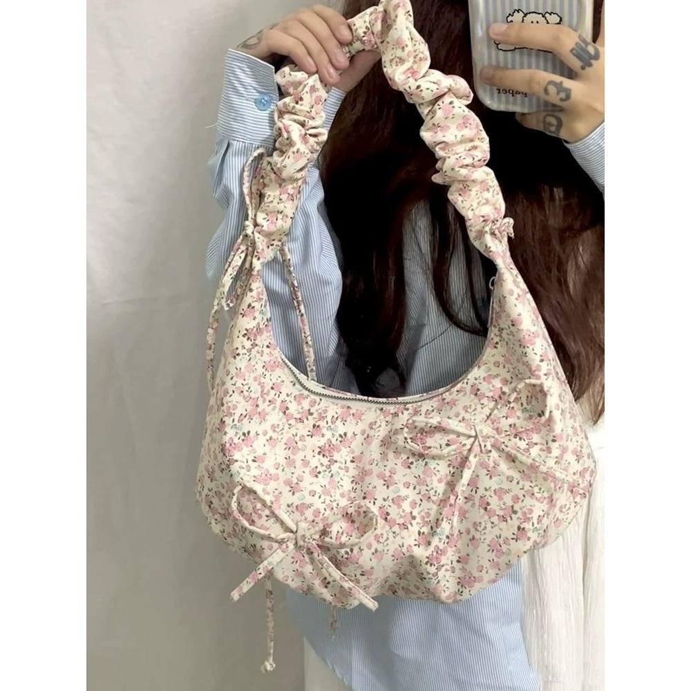 New Small Fresh Floral Shoulder Bag Drawstring Portable Pleated Dumpling Bag 2025 New Lazy Wind Underarm Women's Bag