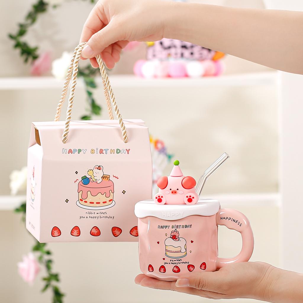 Birthday gift girls give girlfriends cartoon animal cake mug home creative water cup girl straw cup
