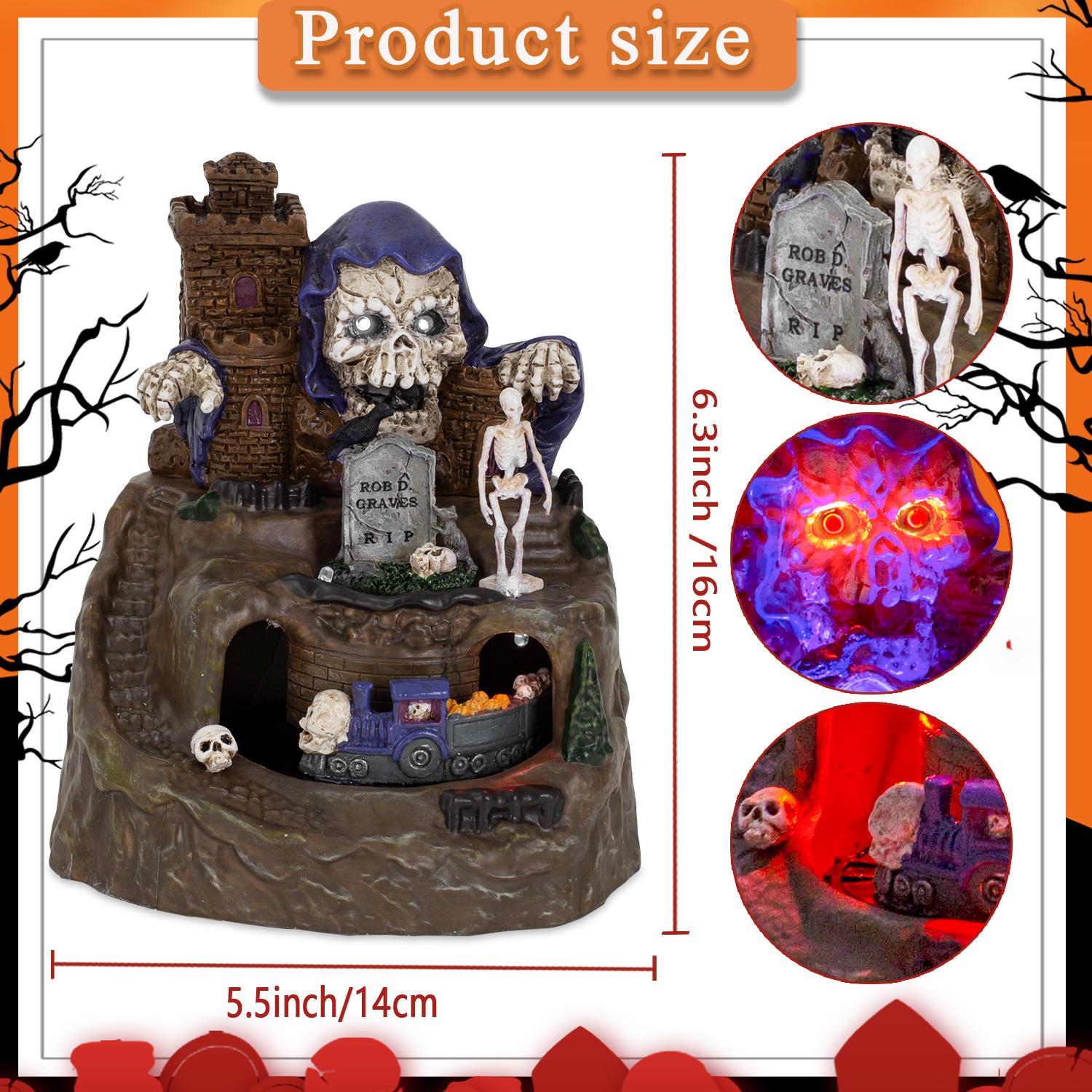 

Анимированный декор дома для Хэллоуина с движущимся поездом, с подсветкой, музыкой, черепом, привидениями, надгробными плитами, фигурками, жуткой атмосферой для вечеринки