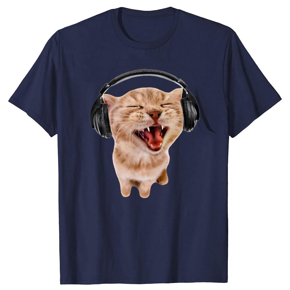 Funny Silly Cat With Headphones Graphic T-shirts Men Women's Fashion Casual Tshirt 100% Cotton Loose Oversized T Shirt