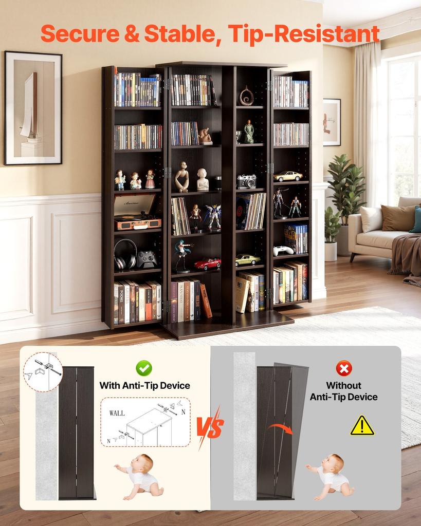 Media Storage Cabinet, 6-Tier DVD Shelf Organizer, 610 X 368 X 1270 Mm Multimedia Storage Organizer for CDs, DVDs, Books, Games, CD Shelf for Living