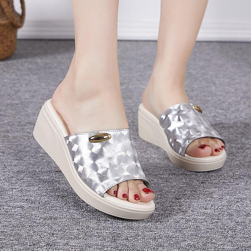 Fashion GKTINOO Mother Slippers Casual Comfortable Genuine Leather Summer Sandals Ladies Outdoor Wedged Shoes Fashion Korean Plus Size